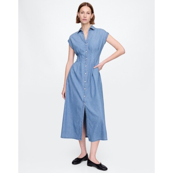 New Gap Denim Pleated Maxi Shirt Dress Button Front Fit & Flare Short Sleeve - Picture 1 of 9